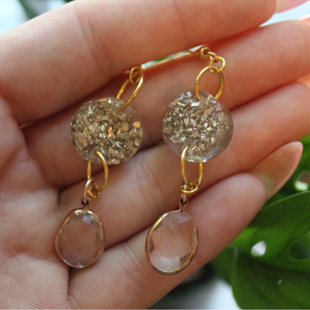 Handmade gold and clear gold plated hypoallergenic resin earrings